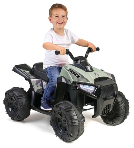 Feber elektrische quad speelgoed voor kinderen, 12V, zwart en oranje, afmetingen 59x58x85.5 cm, geschikt voor sport en outdoor activiteiten.