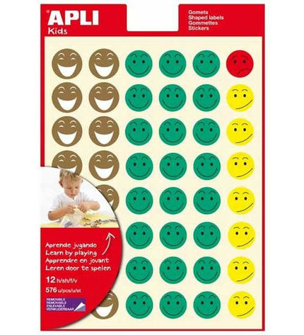 Set of five multicolored Apli stickers for toys and creative activities, featuring vibrant designs for kids' craft projects.