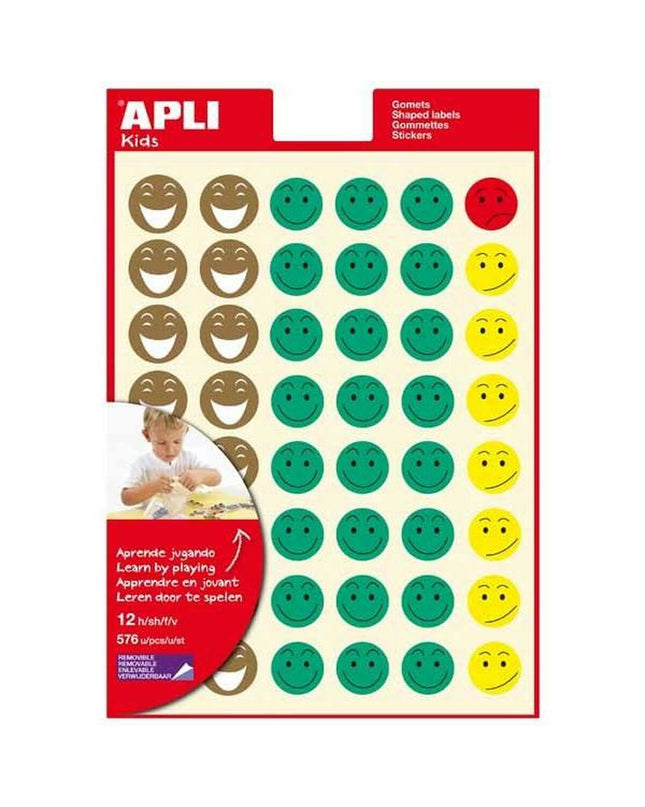 Set of five multicolored Apli stickers for toys and creative activities, featuring vibrant designs for kids' craft projects.