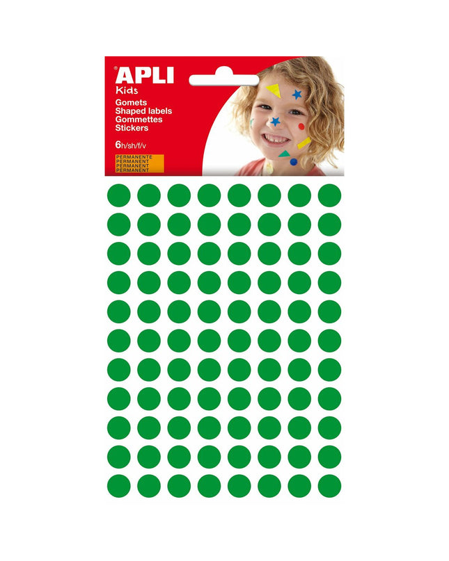 Set of 10 green circular Apli Kids stickers for creative activities, perfect for kids' crafts and playful projects.