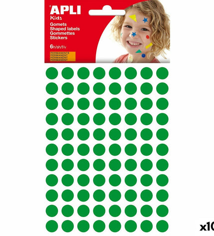 A pack of 10 green circular Apli Kids Gomets stickers for creative activities and crafts, featuring colorful, playful designs.