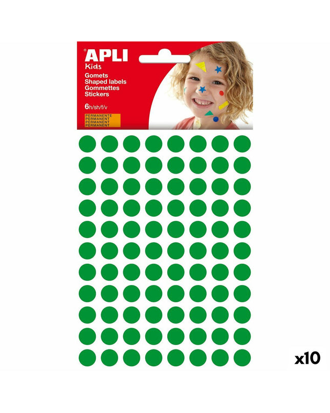 A pack of 10 green circular Apli Kids Gomets stickers for creative activities and crafts, featuring colorful, playful designs.