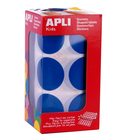 Blue circular stickers by Apli, perfect for creative activities and toys, shown in a close-up image.