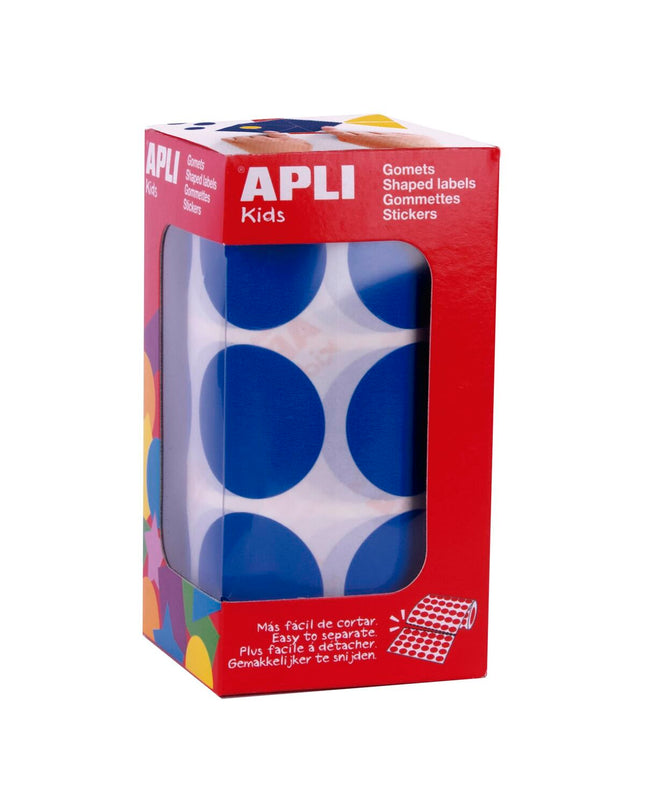 Blue circular stickers by Apli, perfect for creative activities and toys, shown in a close-up image.