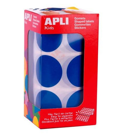Blue circular stickers by Apli, ideal for creative activities and toys, shown in a close-up image.
