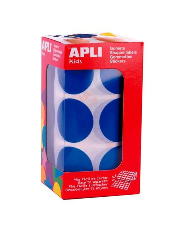Blue circular stickers by Apli, ideal for creative activities and toys, shown in a close-up image.