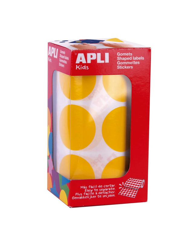 Apli Geel Cirkelvormige Stickers for creative activities, featuring bright yellow round stickers ideal for crafts and decorating.