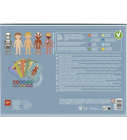 Apli Puzzel 19438 of a human body with 240 pieces, showcasing detailed puzzle pieces and assembled sections.