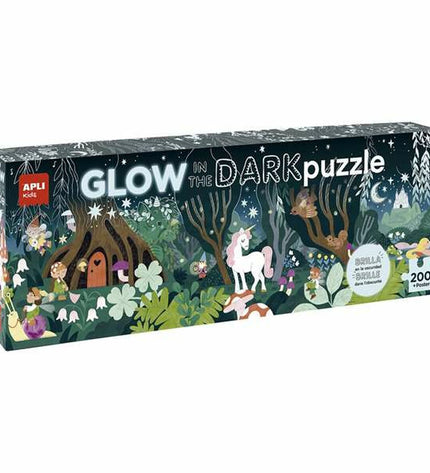 Apli Glow in the Dark Puzzle with 200 pieces, featuring colorful puzzle pieces and glow-in-the-dark elements for fun and challenging play.