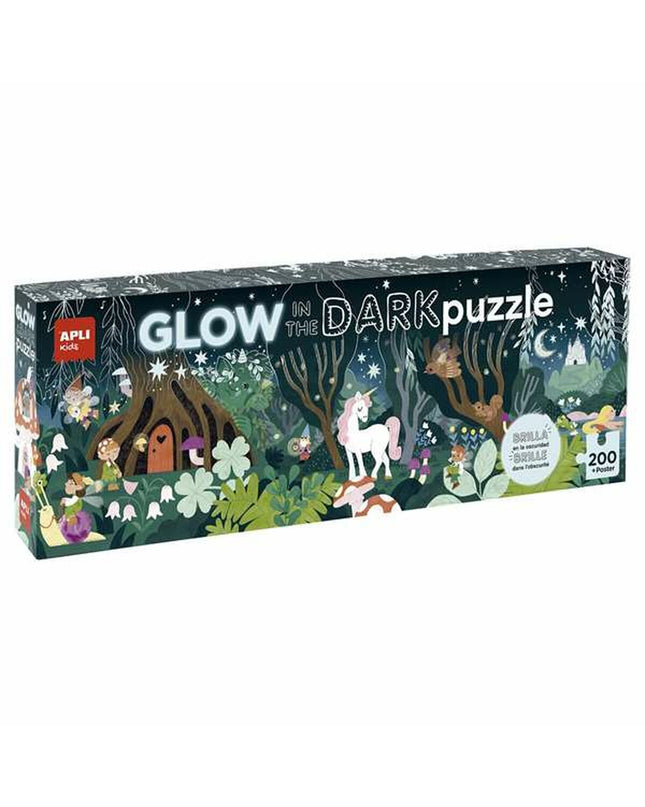 Apli Glow in the Dark Puzzle with 200 pieces, featuring colorful puzzle pieces and glow-in-the-dark elements for fun and challenging play.