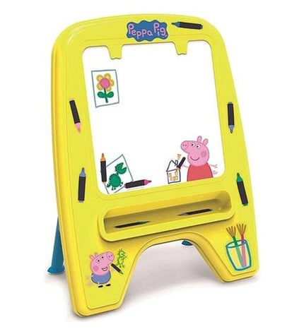 Peppa Pig magisch schoolbord in geel, 59x33x75 cm, voor creatieve activiteiten en speelgoed, geschikt voor jonge kinderen.