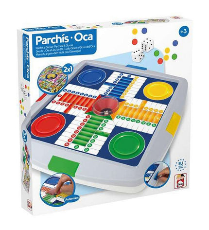 Chicos Mens-Erger-Je-Niet game in a 27x27x4 cm box, colorful board game with red, yellow, green, and blue tokens for family fun.