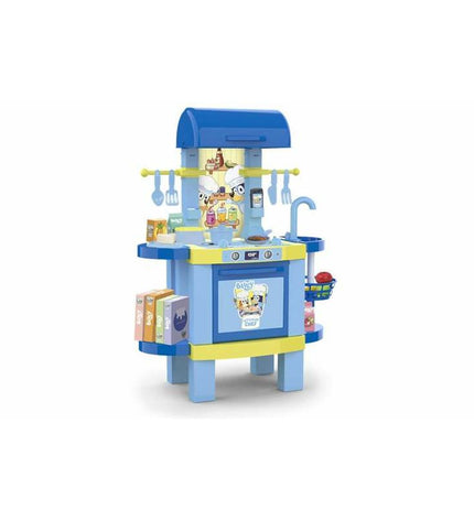 Bluey 2-in-1 toy kitchen set in blue with stove, sink, and storage, measuring 57x18x8.15 cm, perfect for imaginative play.