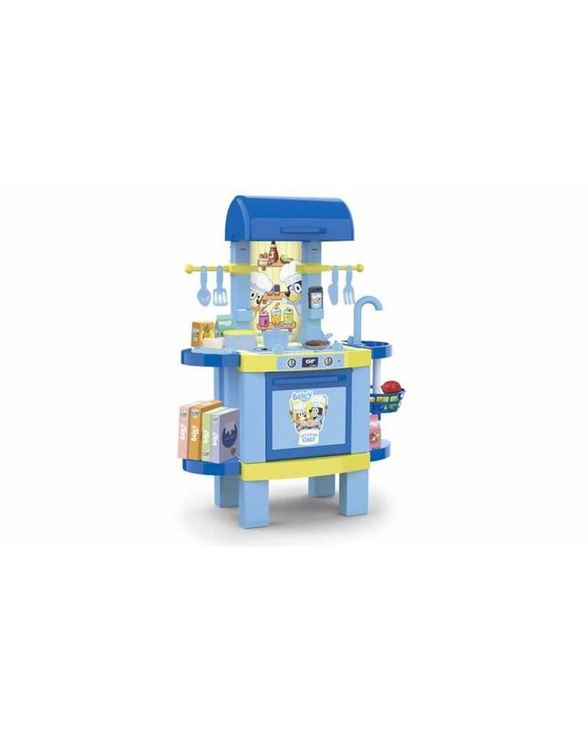 Bluey 2-in-1 toy kitchen set in blue with stove, sink, and storage, measuring 57x18x8.15 cm, perfect for imaginative play.