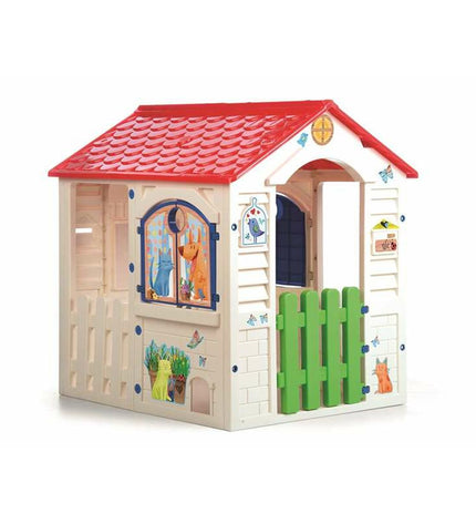 Chicos Country Cottage playhouse for children, outdoor toy house with windows and door, 84 x 103 x 104 cm, suitable for outdoor play.