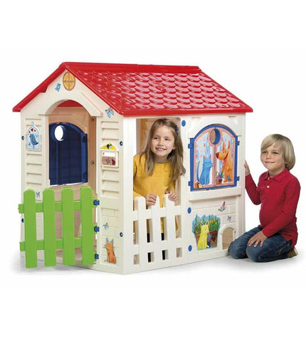 Chicos Country Cottage playhouse for children, outdoor toy house with windows and door, measuring 84 x 103 x 104 cm.