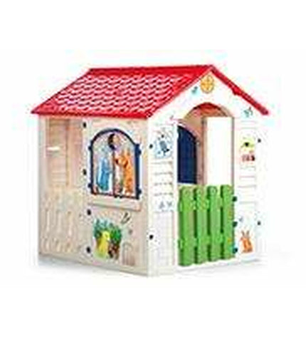 Chicos Country Cottage playhouse for children in natural wood finish showing windows and door, ideal for outdoor play.