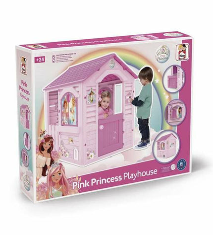 Pink Chicos children's playhouse with princess design, measuring 94x103x104 cm, suitable for outdoor play and imaginative fun.