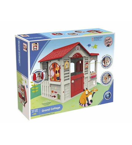 Chicos Grand Cottage XL playhouse for kids, outdoor toy with colorful windows and door, measuring 122x103x104 cm.
