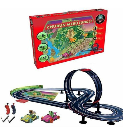 Ninco Racebaan Velokú Racers Jungle toy race track with colorful Velokú racers and jungle-themed track scenery.