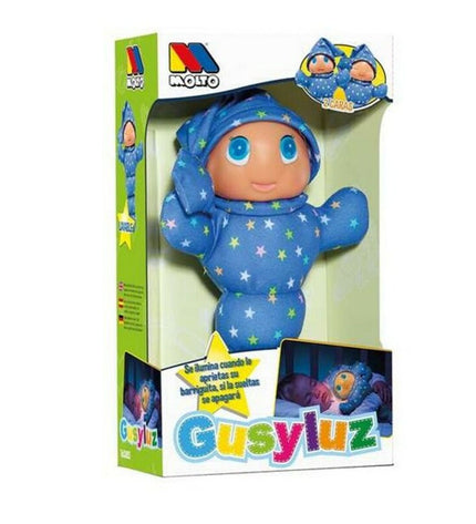 Colorful Gusy Luz Moltó plush toy in blue, pink, and green with multicolored PVC, 33 cm soft toy for children.