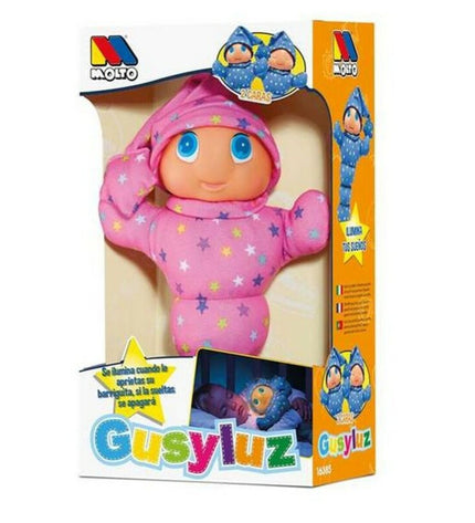 Colorful Gusy Luz Moltó plush toy in blue, pink, and green with multicolored PVC, 33 cm soft stuffed animal for children.