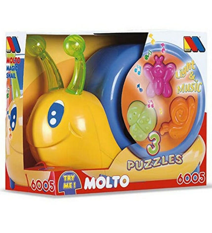 Colorful Moltó music toy for babies, 26 cm long, featuring soft plush material and playful design for young children.