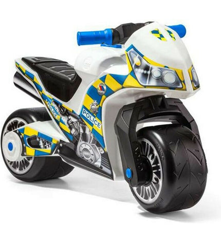 Moltó police motorcycle toy driewieler for children, 73 cm, blue plastic ride-on vehicle for outdoor play and sports.