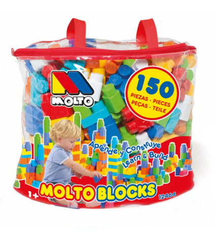 Moltó Bouwspel with 150 colorful building parts and tools, ideal for creative play and construction activities.