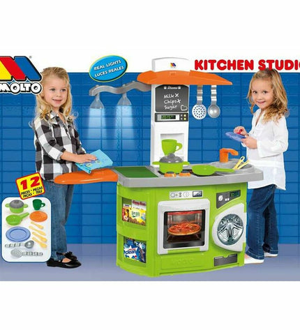Moltó K Kitchen Studio toy play kitchen with stove, sink, and storage, measuring 80x28x82 cm, for imaginative cooking play.