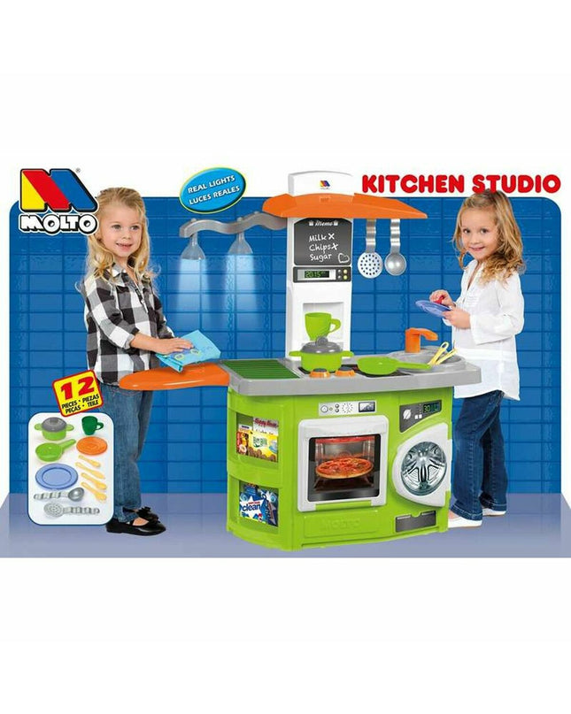 Moltó K Kitchen Studio toy play kitchen with stove, sink, and storage, measuring 80x28x82 cm, for imaginative cooking play.