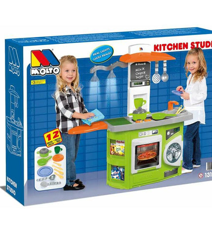 Moltó K Kitchen Studio toy play kitchen with sink, stove, and storage, measuring 80x28x82 cm, designed for imaginative children.