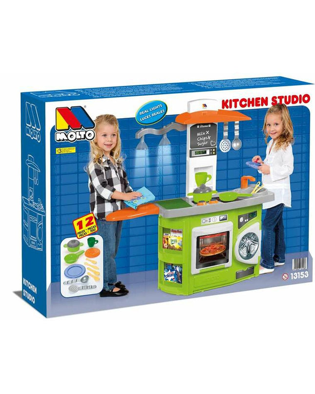 Moltó K Kitchen Studio toy play kitchen with sink, stove, and storage, measuring 80x28x82 cm, designed for imaginative children.