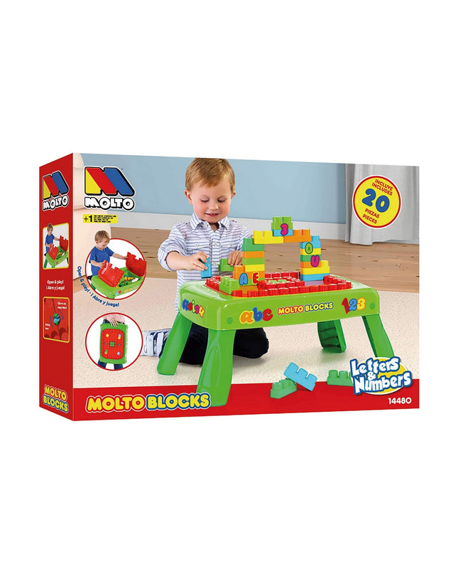 Moltó Interactief Speelgoed Moltó Blocks Desk voor jonge kinderen, baby speelgoed met kleurrijke blokken en educatieve functies.