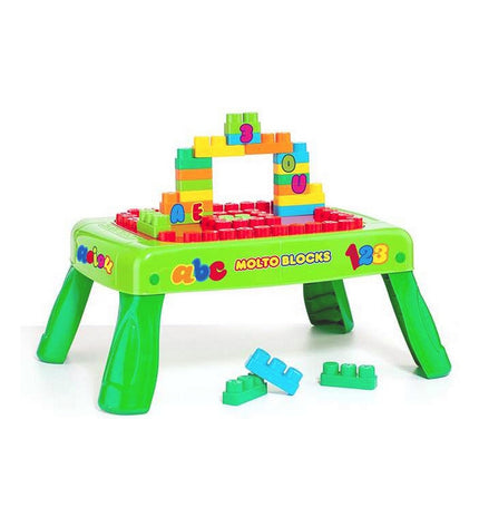 Moltó Blocks Desk interactive baby toy with colorful blocks and a 65x28 cm surface for young children to play and explore.