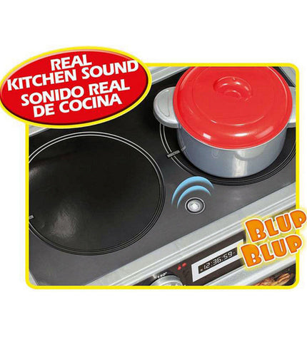 Moltó toy kitchen playset with realistic stove, sink, and storage, measuring 102x114x34 cm, ideal for imaginative play.