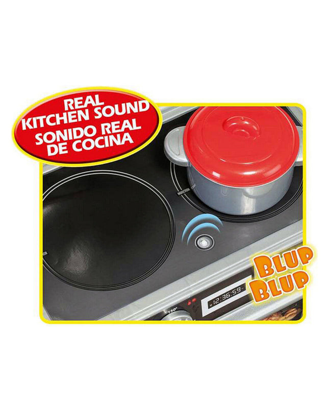 Moltó toy kitchen playset with realistic stove, sink, and storage, measuring 102x114x34 cm, ideal for imaginative play.