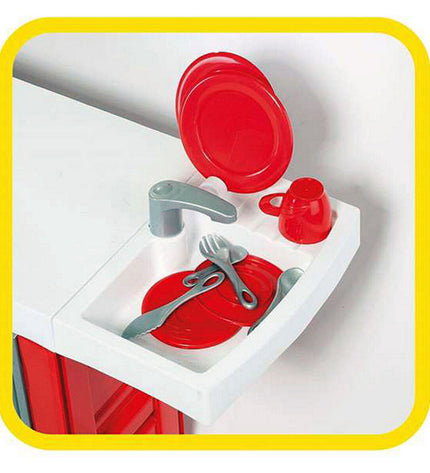 Moltó toy kitchen set with realistic stove, sink, and storage shelves in a compact play cooking environment.