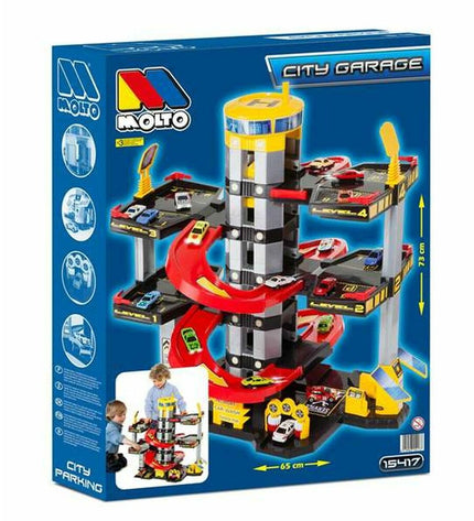 Moltó parking garage toy with five levels, featuring colorful ramps and parking spots for play with action figures or dolls.