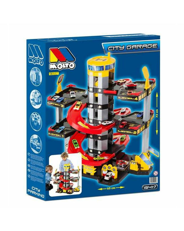 Moltó parking garage toy with five levels, featuring colorful ramps and parking spots for play with action figures or dolls.