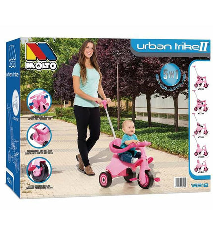 Moltó Urban City pink tricycle for kids, suitable for outdoor play, featuring sturdy wheels and a comfortable seat.