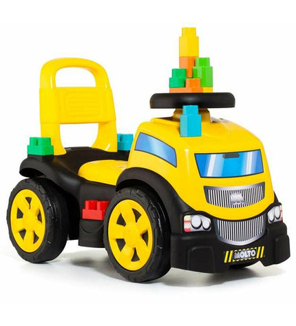 Moltó Driewieler Trucks and Blocks toy set with colorful trucks and building blocks, 89 cm long for outdoor play and fun.