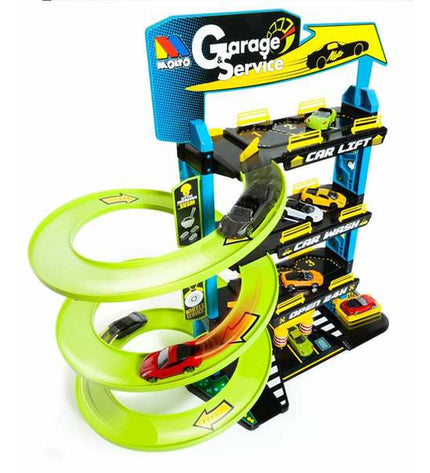 Moltó toy parking garage with colorful vehicles and miniature figures, detailed playset for imaginative fun.