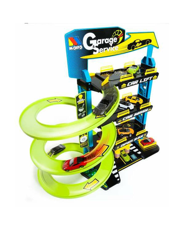 Moltó toy parking garage with colorful vehicles and miniature figures, detailed playset for imaginative fun.