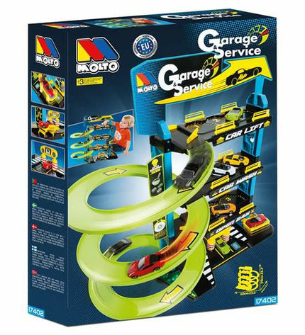 Moltó toy parking garage with colorful vehicles and miniature figures, detailed playset for imaginative play.