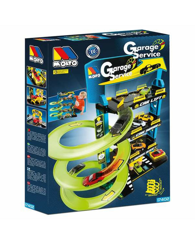 Moltó toy parking garage with colorful vehicles and miniature figures, detailed playset for imaginative play.