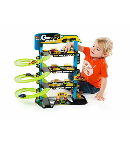 Moltó toy parking garage with colorful vehicles and action figures, detailed plastic playset for imaginative play.
