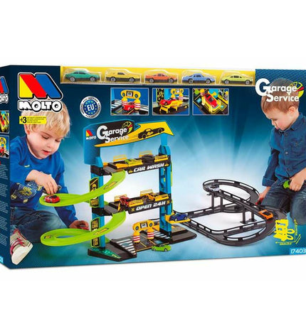 Moltó toy parking garage with colorful vehicle toys, detailed multi-level play structure, measuring 59x55x33 cm.