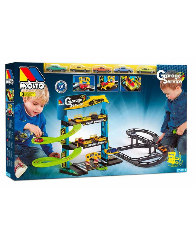 Moltó toy parking garage with colorful vehicle toys, detailed multi-level play structure, measuring 59x55x33 cm.