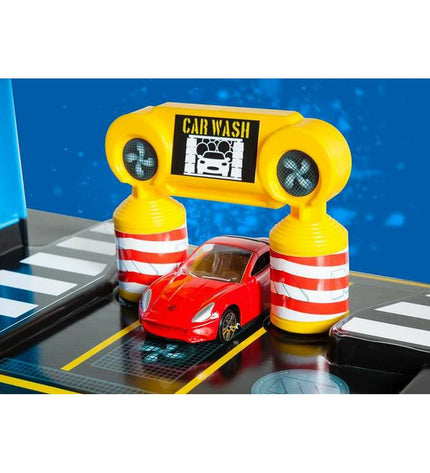 Moltó toy parking garage with colorful vehicles, realistic design, measuring 59x55x33 cm, for imaginative play.